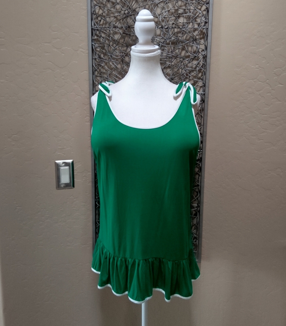 Boston Proper Green Ruffle Hem Tank with White Trim and Tie Straps